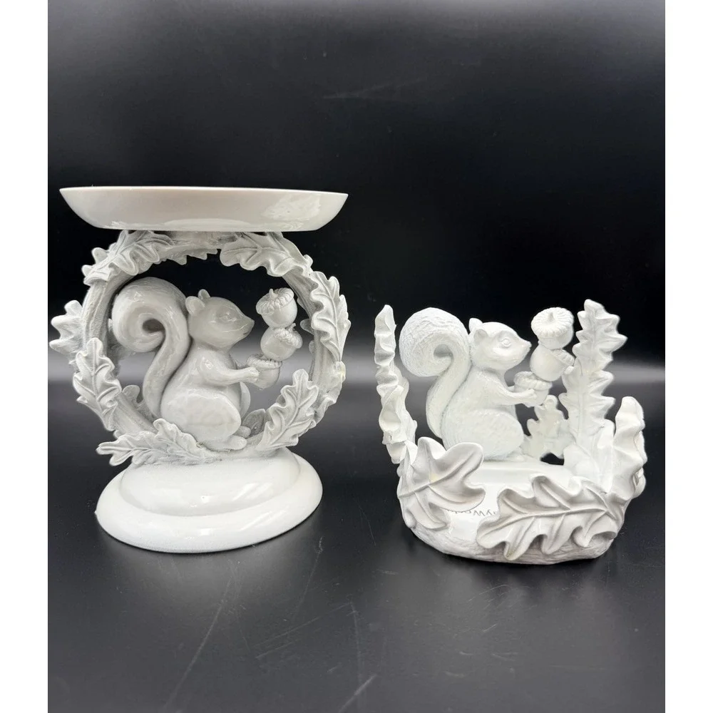 Bath & Body Works SQUIRREL ACORN LEAF Candle Pedestal & Soap Holder Matching Set